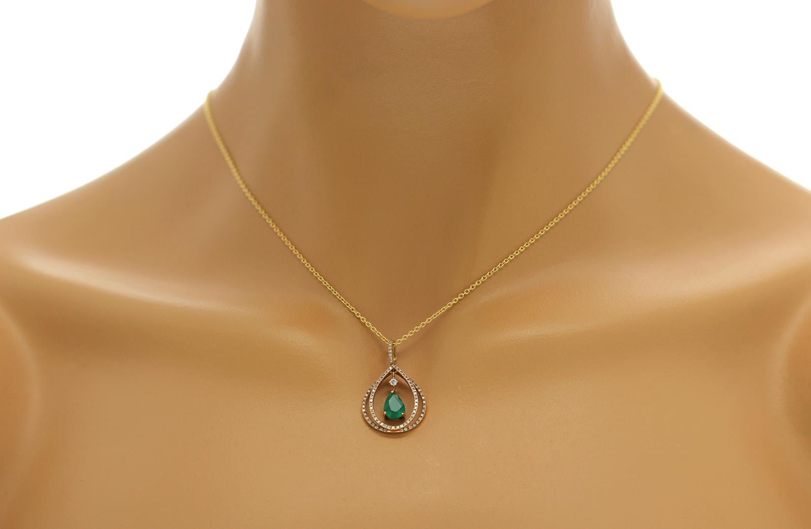 Round Cut 1.01 CT Emerald 0.39 CT Diamond 18K Yellow Gold Dangling Pendant Necklace 18