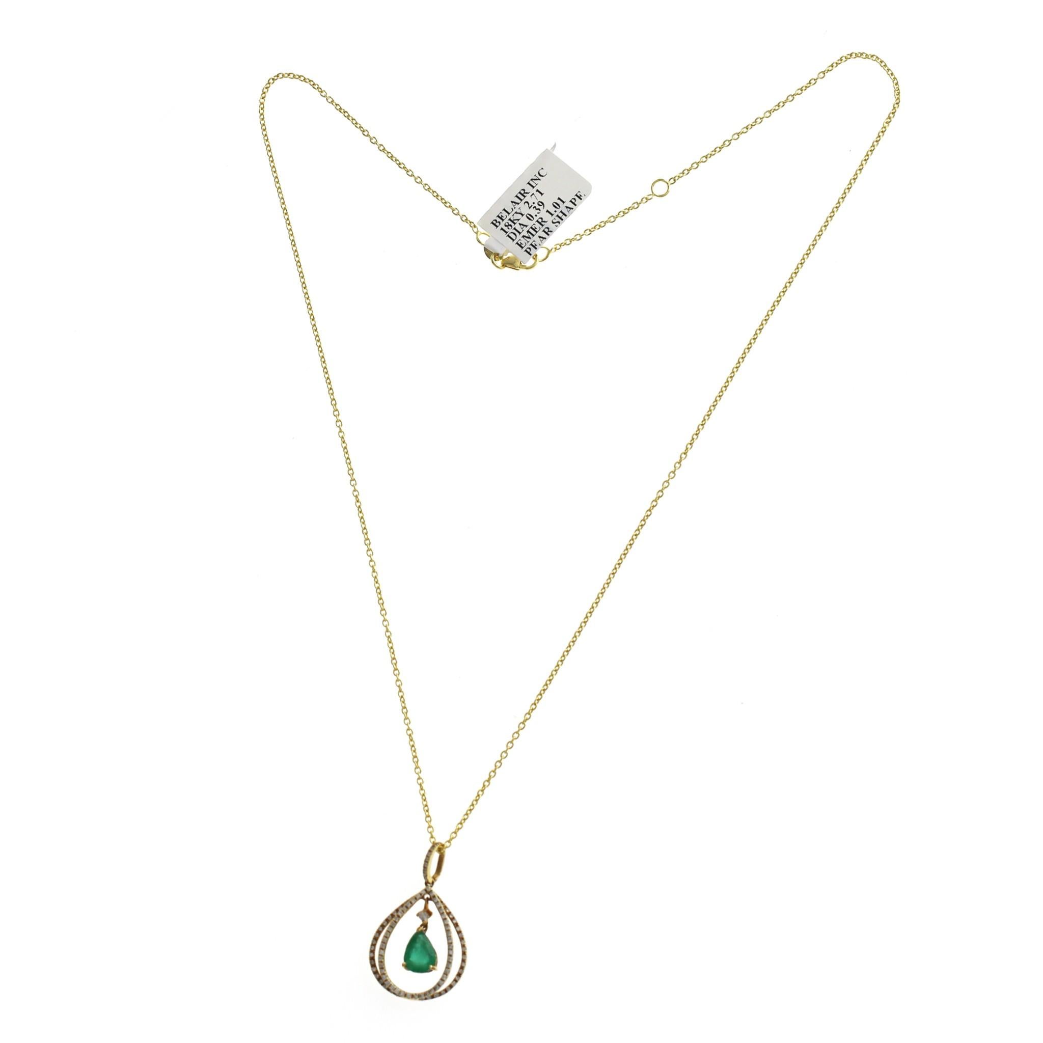 1.01 CT Emerald 0.39 CT Diamond 18K Yellow Gold Dangling Pendant Necklace 18