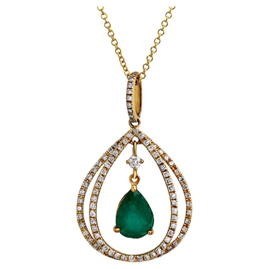 1.01 CT Emerald 0.39 CT Diamond 18K Yellow Gold Dangling Pendant Necklace 18" For Sale