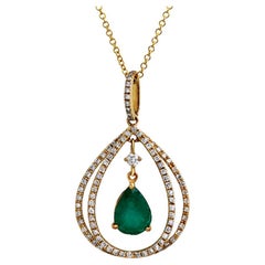 1.01 CT Emerald 0.39 CT Diamond 18K Yellow Gold Dangling Pendant Necklace 18"