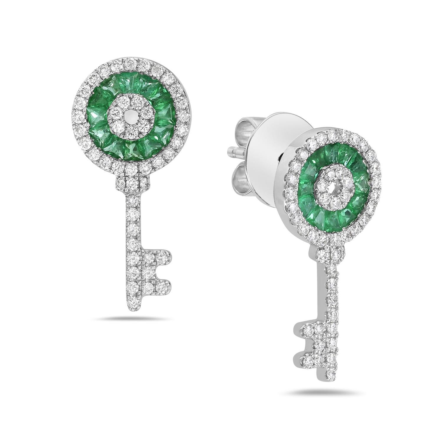 Art Deco 1.01 Ct Emerald & Diamond Earrings Designed In Key Shape Made In 18k White Gold For Sale