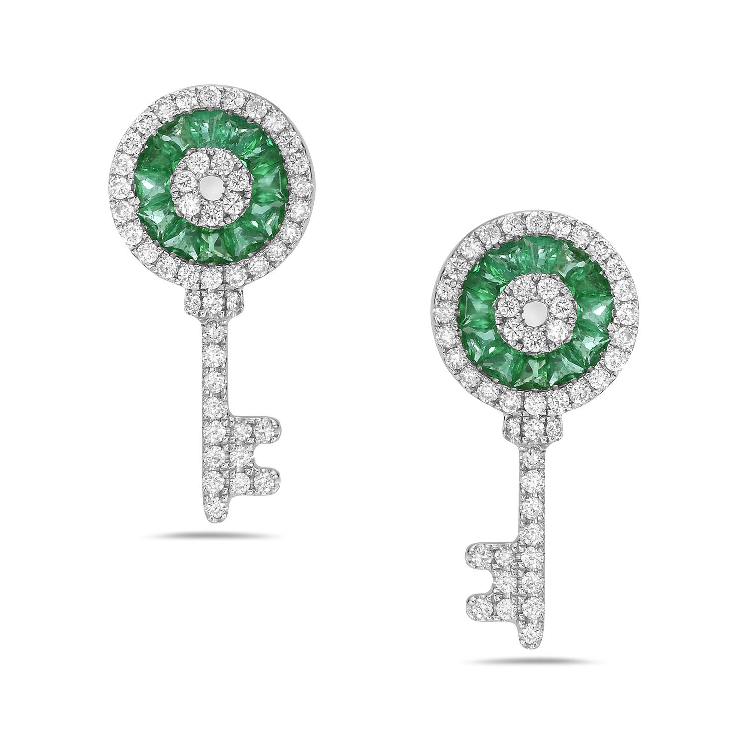 Mixed Cut 1.01 Ct Emerald & Diamond Earrings Designed In Key Shape Made In 18k White Gold For Sale