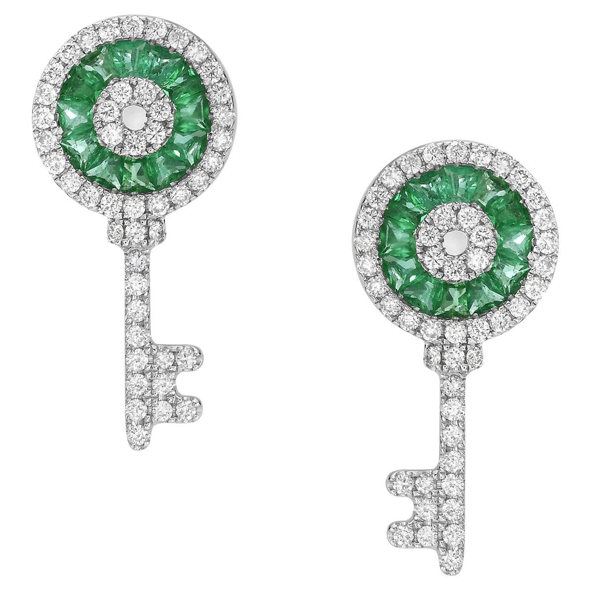 1.01 Ct Emerald & Diamond Earrings Designed In Key Shape Made In 18k White Gold