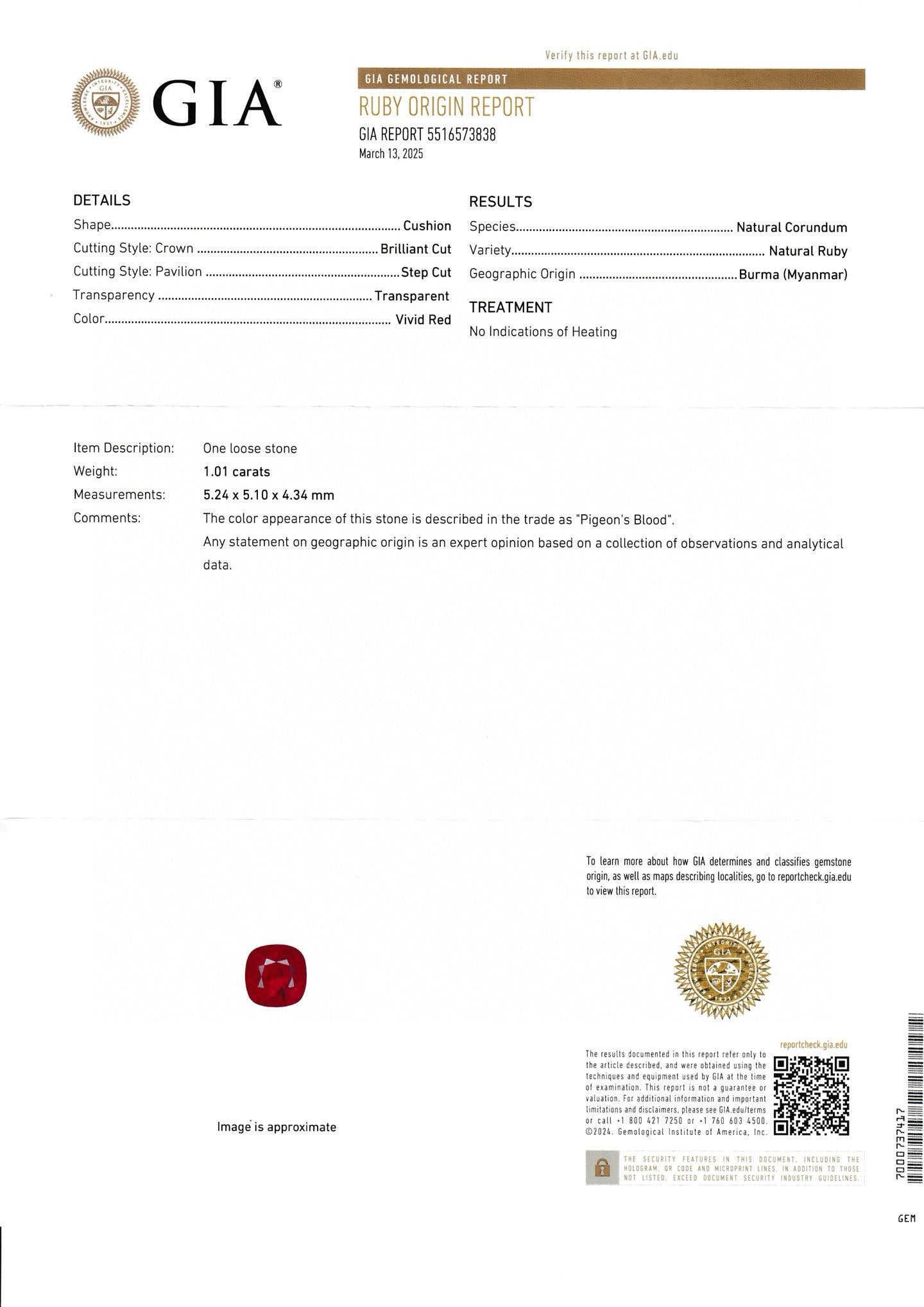 1.01 Ct GIA Certified Natural Unheated Burma Ruby Pigeon Blood Color Gemstone (pierre précieuse de couleur sang de pigeon) Unisexe en vente