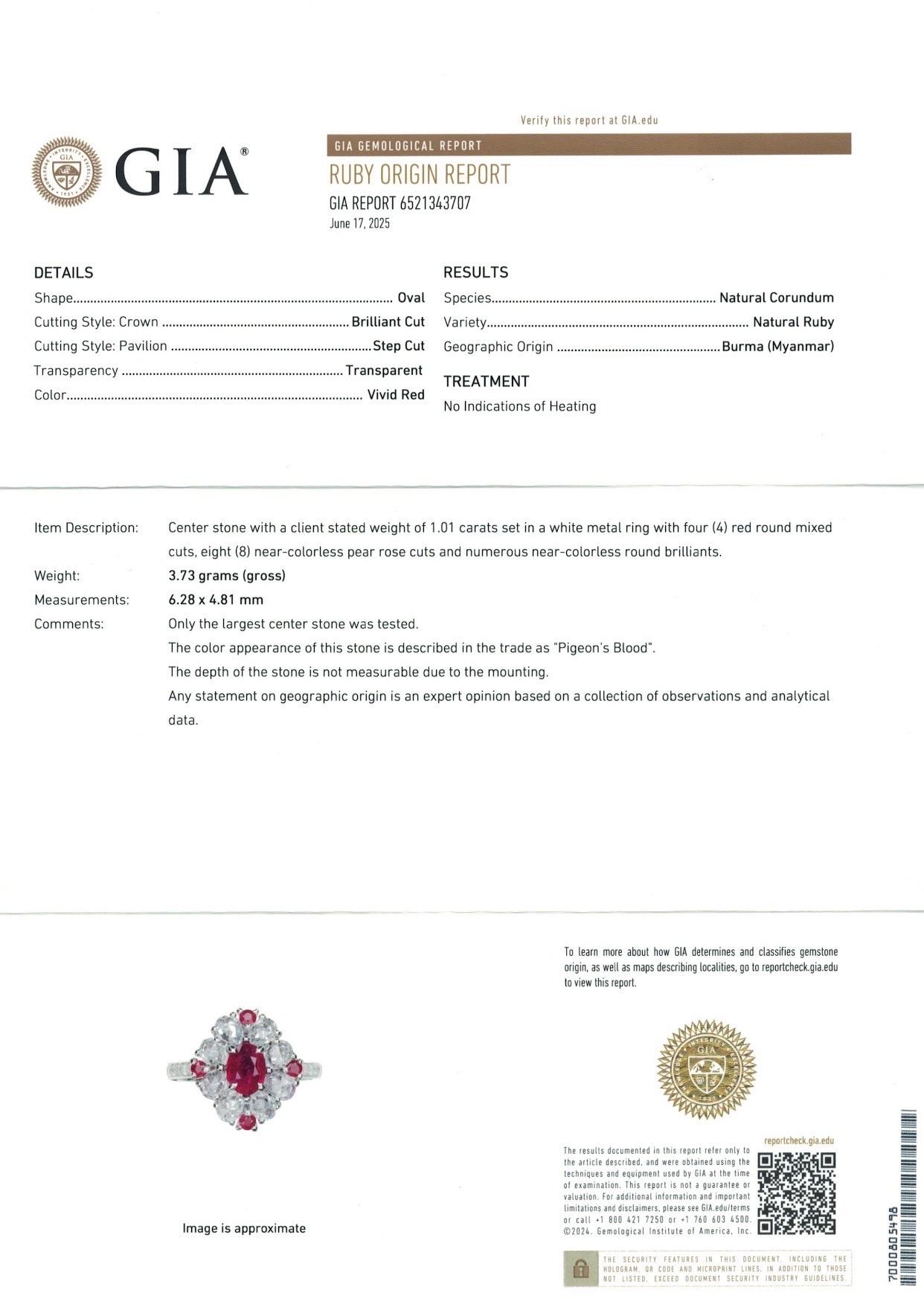 1.01 Ct GIA Certified Unheated Burma Ruby Pigeon Blood Ring 14K 3.72Gram en vente 2