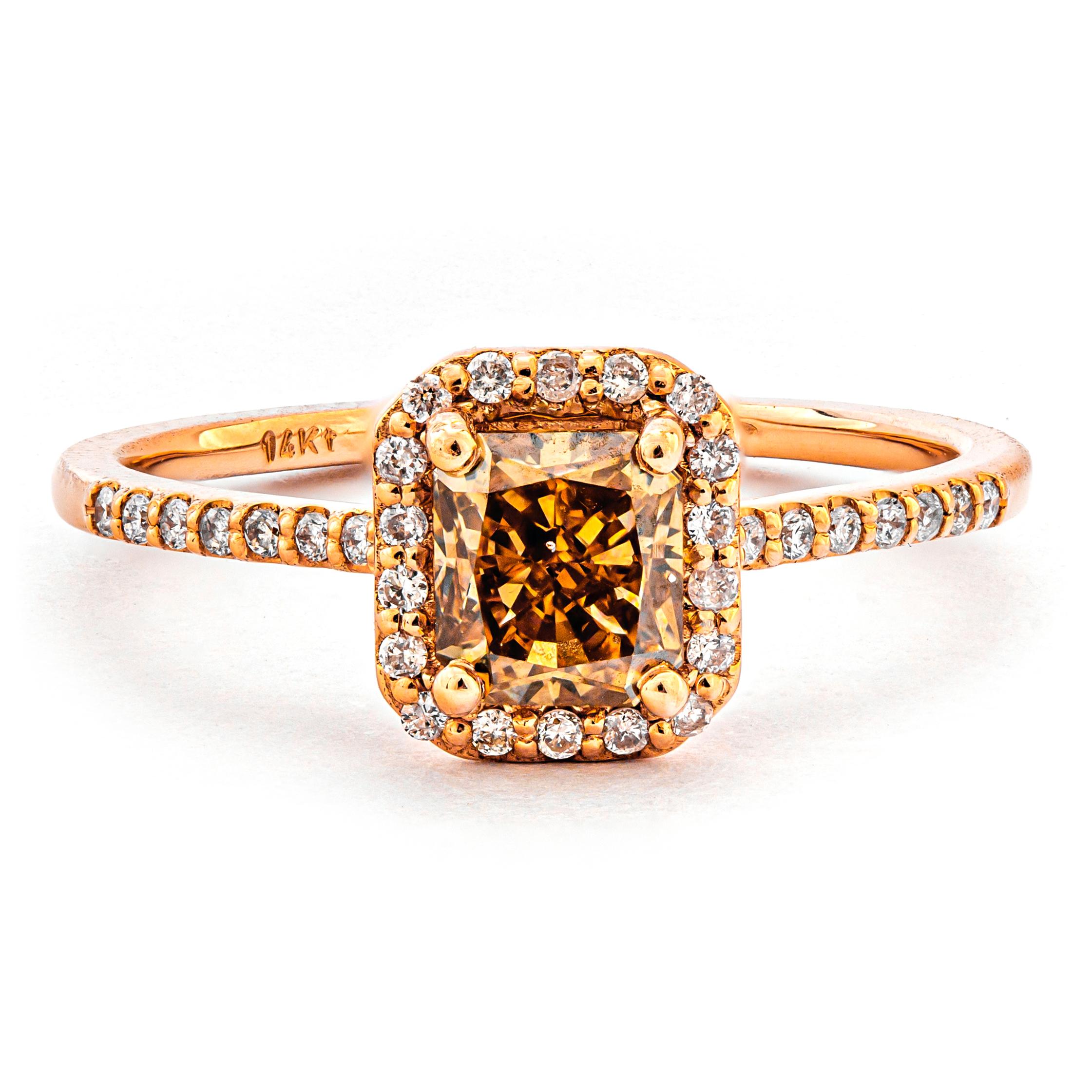 Radiant Cut 1.01 Ct VS2 Natural Fancy Intense Yellow Brown Diamond Ring, No Reserve Price