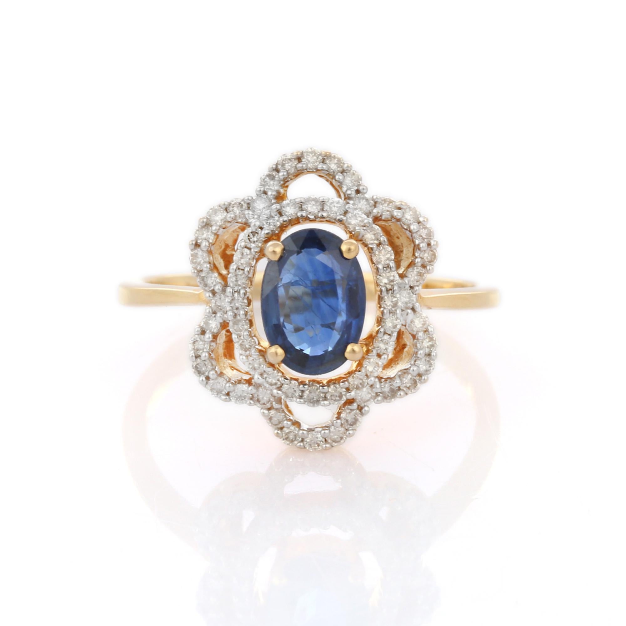 For Sale:  1.01 Ct Oval Blue Sapphire and Diamond Flower Wedding Ring in 18K Yellow Gold 2