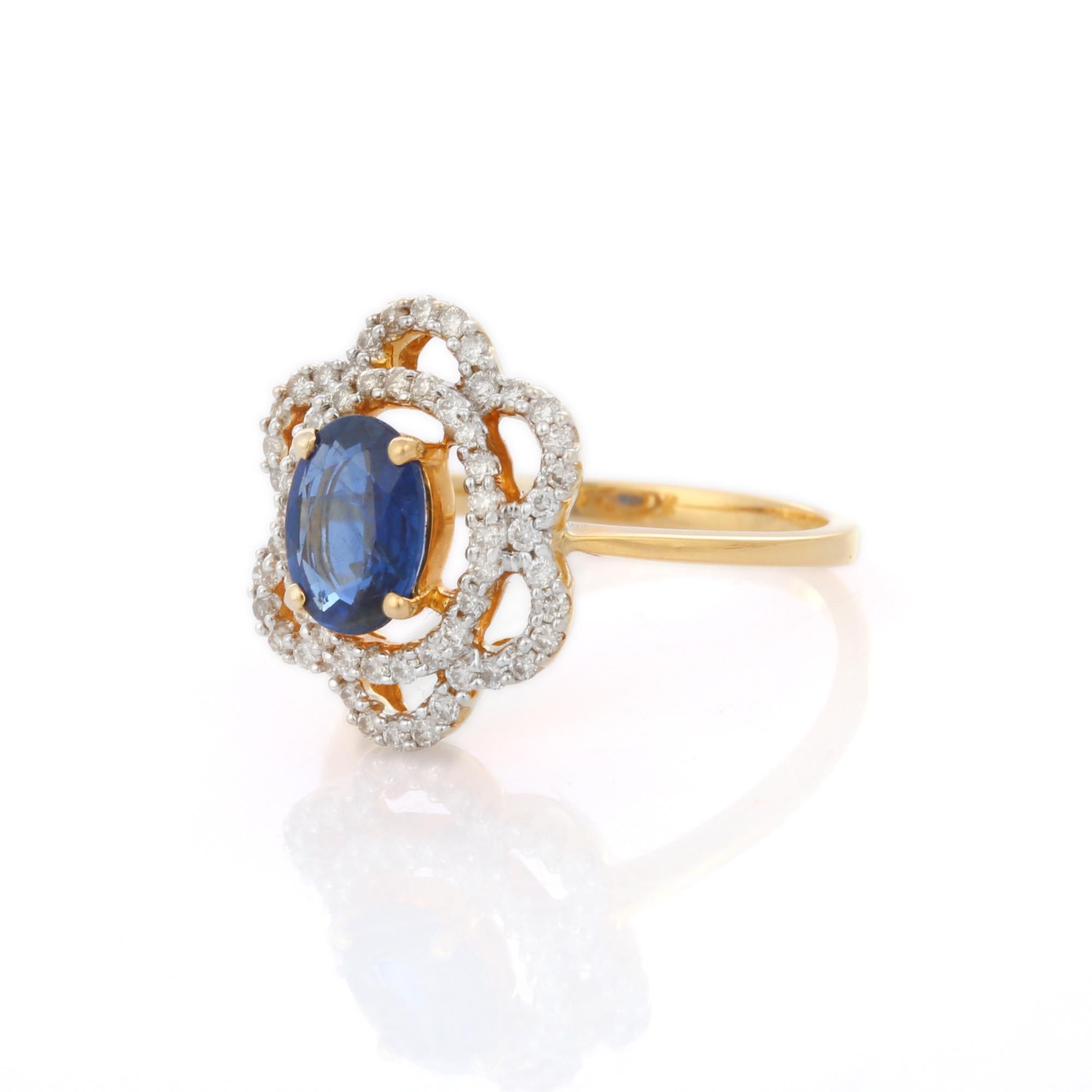 En vente :  Bague de mariage fleur en or jaune 18 carats avec saphir bleu ovale 1,01 carat et diamants 3