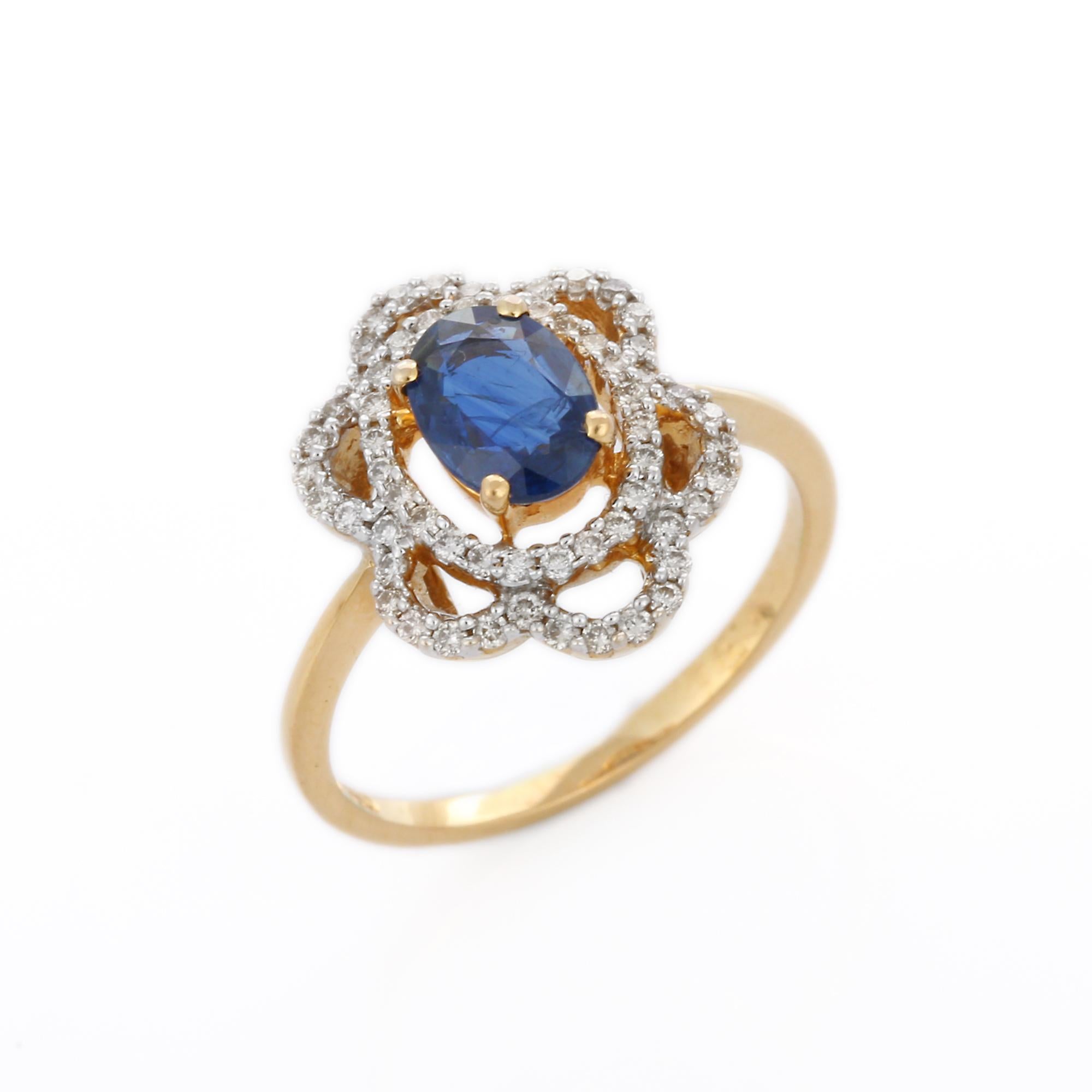 En vente :  Bague de mariage fleur en or jaune 18 carats avec saphir bleu ovale 1,01 carat et diamants 5