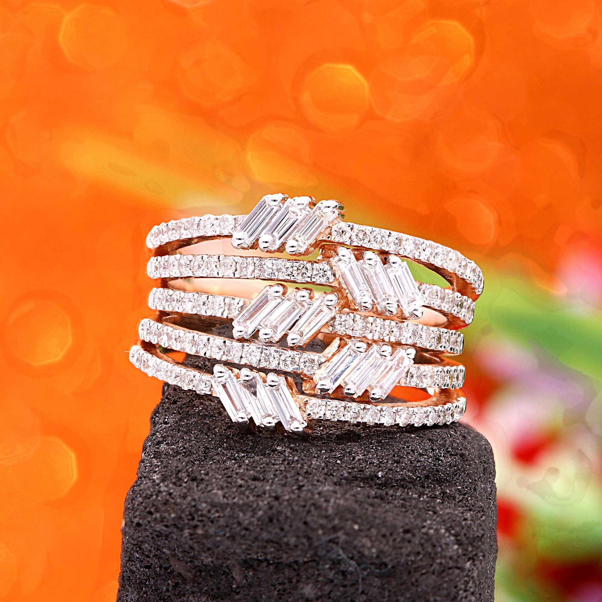 Modern 1.01 Ct SI/HI Baguette Round Diamond Multi Layer Band Ring 14 Karat Rose Gold For Sale