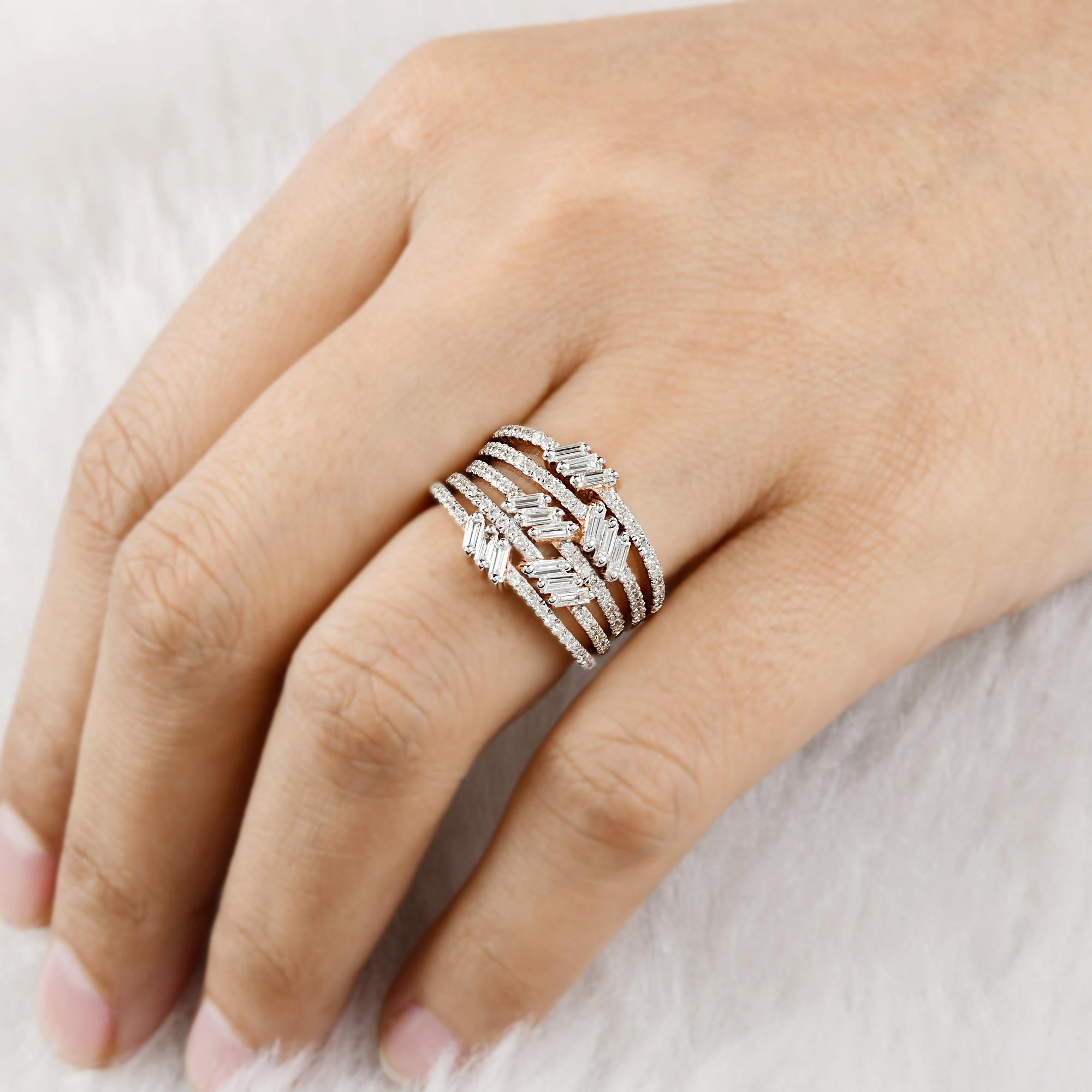 1,01 Karat SI/HI Baguette-Ring mit rundem Diamanten in mehrlagigem Ring aus 14 Karat Roségold (Rundschliff) im Angebot