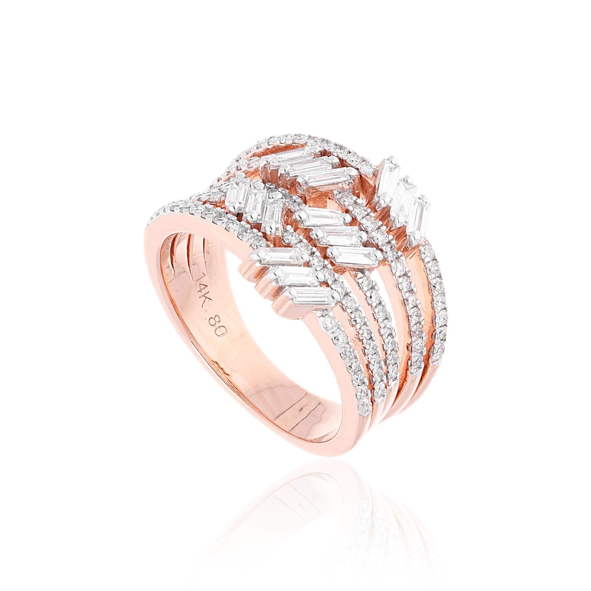 Women's 1.01 Ct SI/HI Baguette Round Diamond Multi Layer Band Ring 14 Karat Rose Gold For Sale