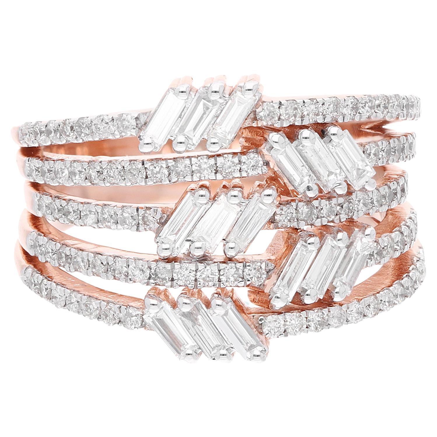 1,01 Karat SI/HI Baguette-Ring mit rundem Diamanten in mehrlagigem Ring aus 14 Karat Roségold im Angebot