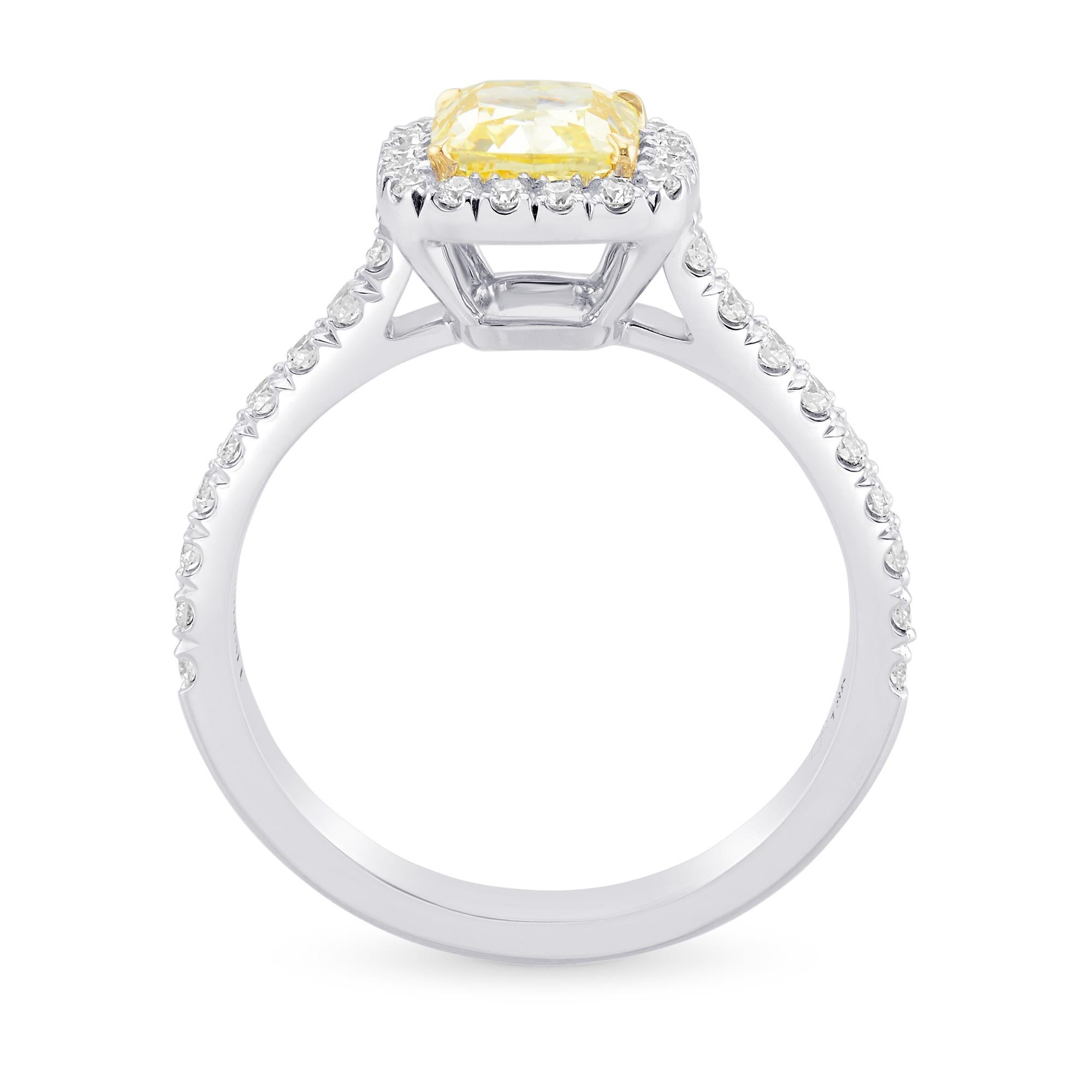 Un classico anello Fancy Intense Yellow Cushion Diamond Halo, con una pietra centrale del peso di 1,01cts e certificata da GIA, con un design Open Pave Halo con diamanti taglio Brilliante di colore F+. Questi diamanti sono incastonati anche lungo il