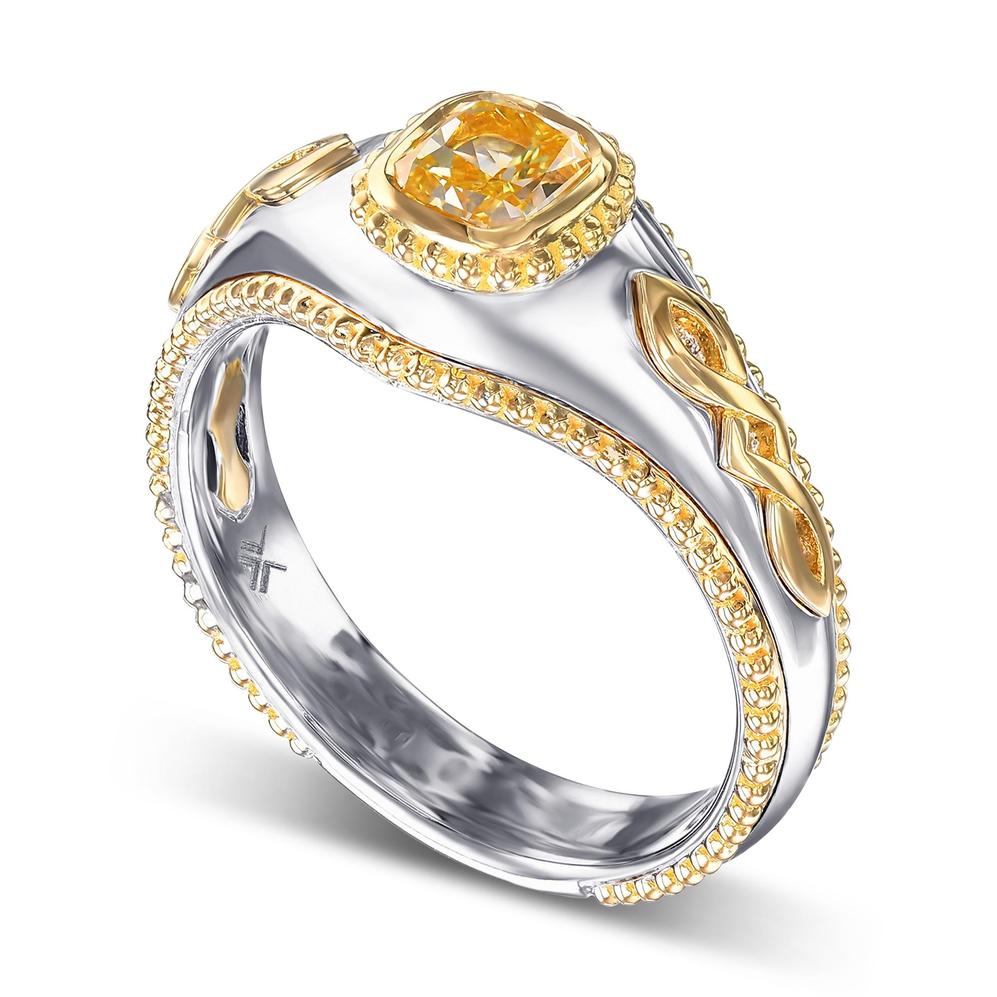 1,01 cts GIA zertifiziert Herren Fancy Intense Yellow Cushion Solitaire Diamantring im Zustand „Neu“ im Angebot in New York, NY