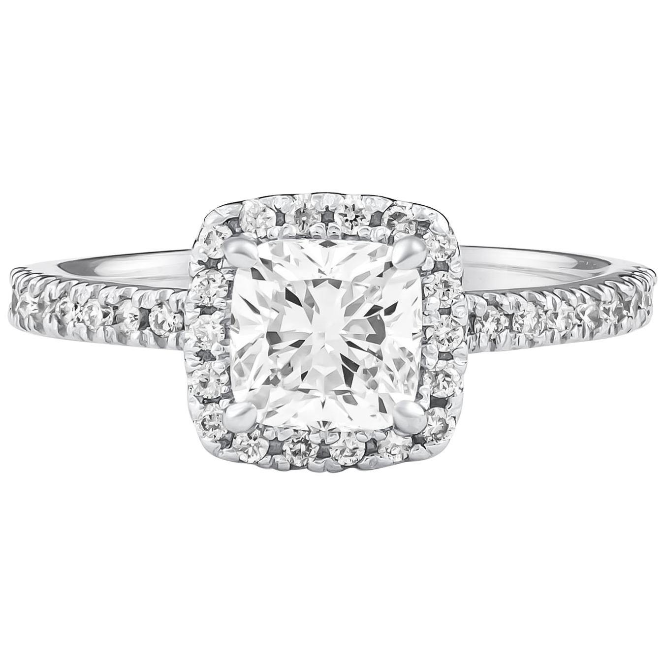1.01 Cushion Cut ‘GIA’ Diamond Halo Engagement Ring, Platinum