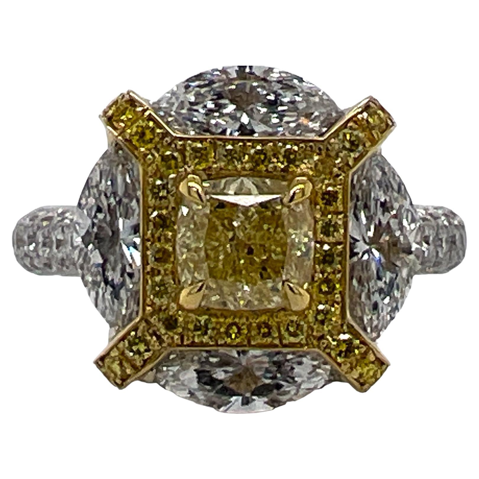 1.01 Cushion Fancy Yellow Diamond Engagement Ring 18 Karat Two Tone Gold GIA For Sale