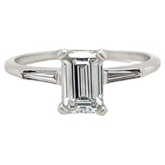 1.01 Emerald Cut and Baguette 3 Stone Diamond and 18k White Gold Engagement Ring