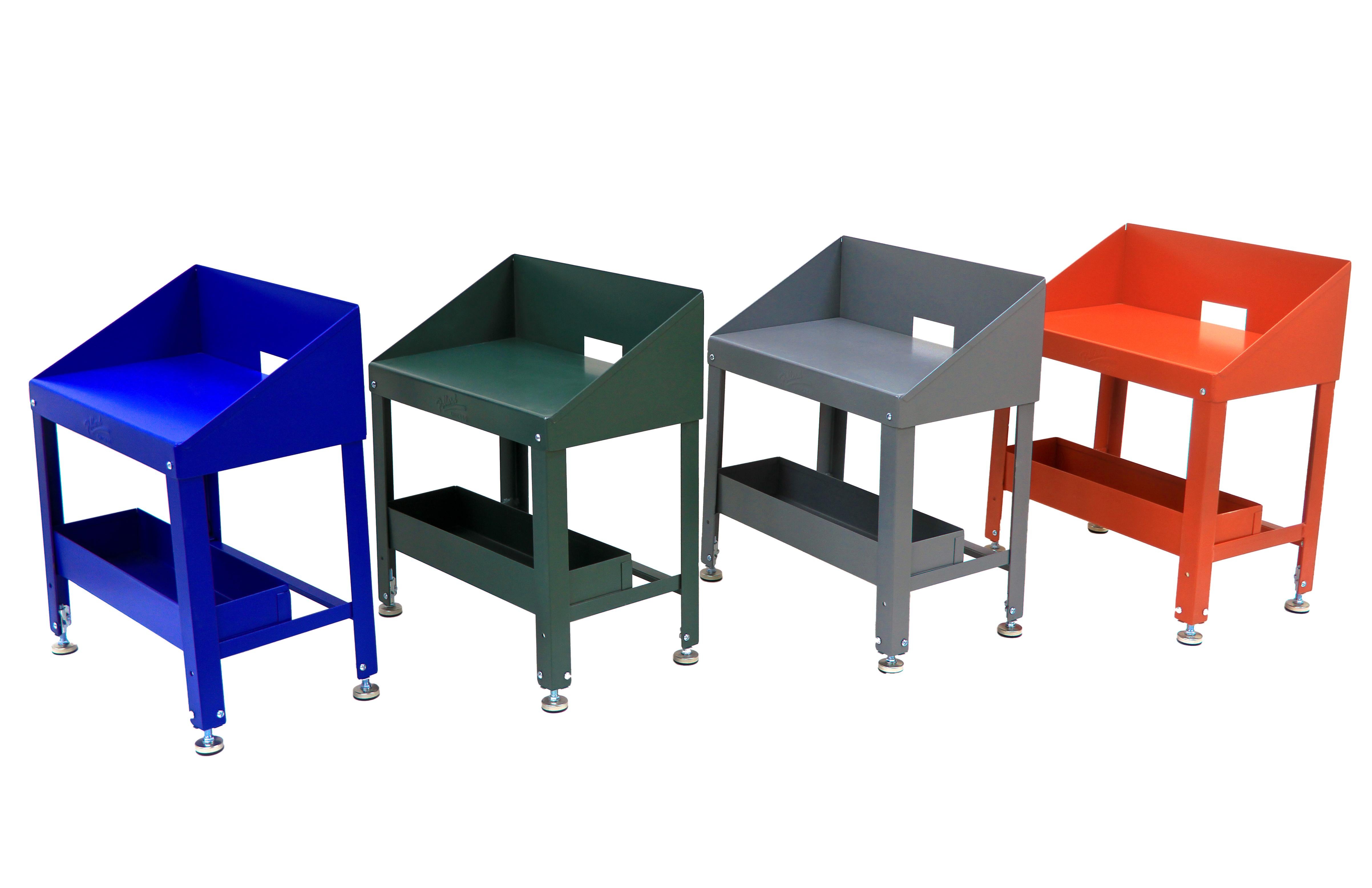 The 101 Side Table is made from 18 gauge steel and is enamel painted. The table features adjustable screw feet and a small cutout for cords. A removable utility box sits below for additional storage.

Our manufacturer fabricates the side table