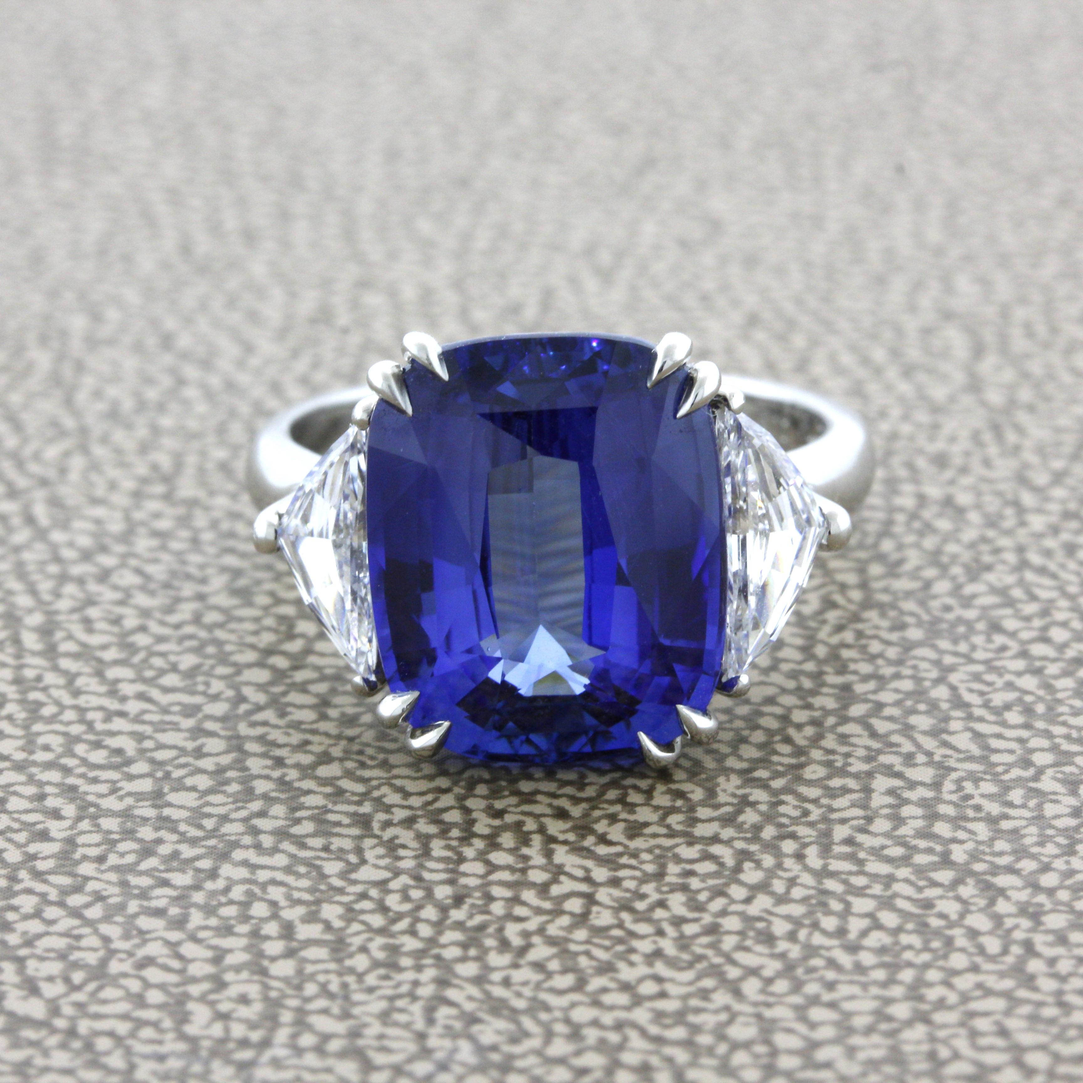 A beautiful and rare sapphire takes center stage weighing an impressive 10.10 carats! It has a rich and vibrant blue color with a clean crystal allowing the stones color to shine brightly. Adding to that it is certified by the GIA as natural and