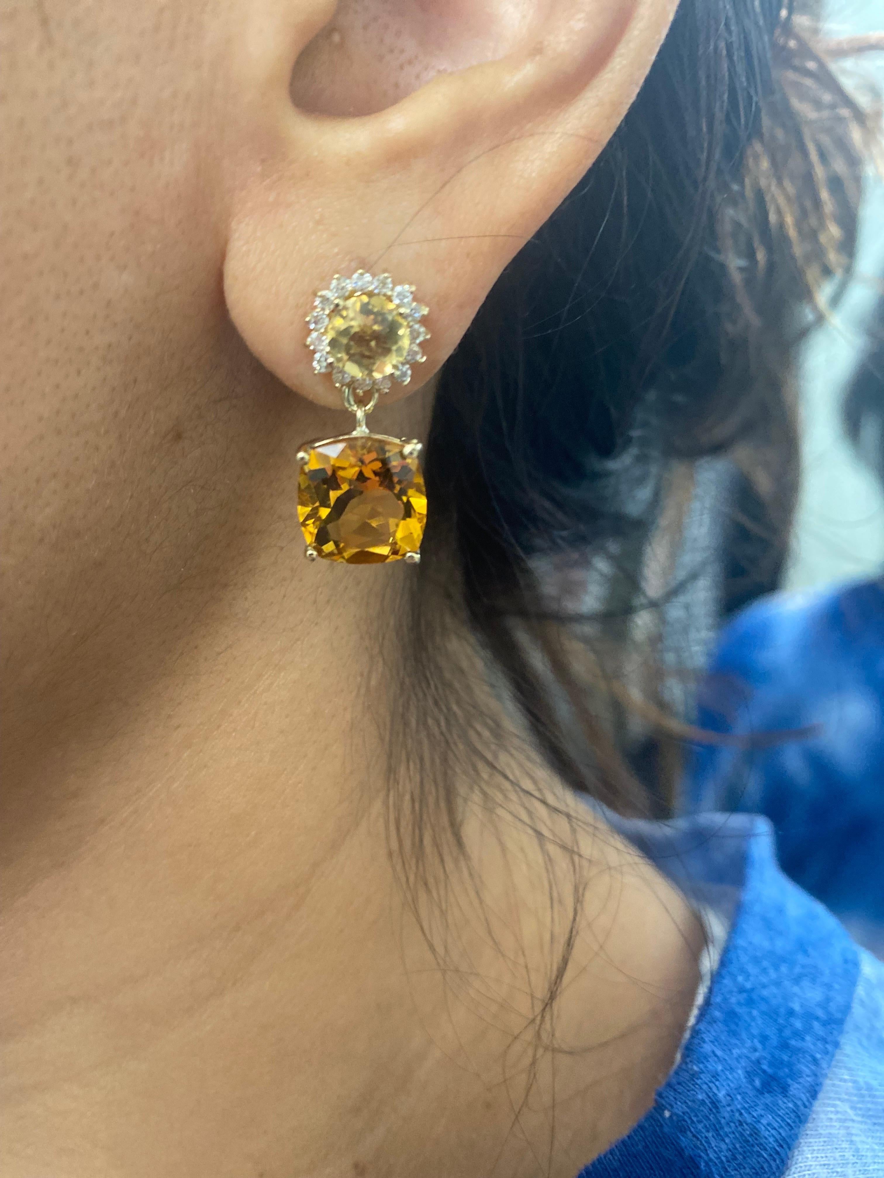 Women's 10.10 Carat Citrine Quartz Diamond Yellow Gold Drop Earrings