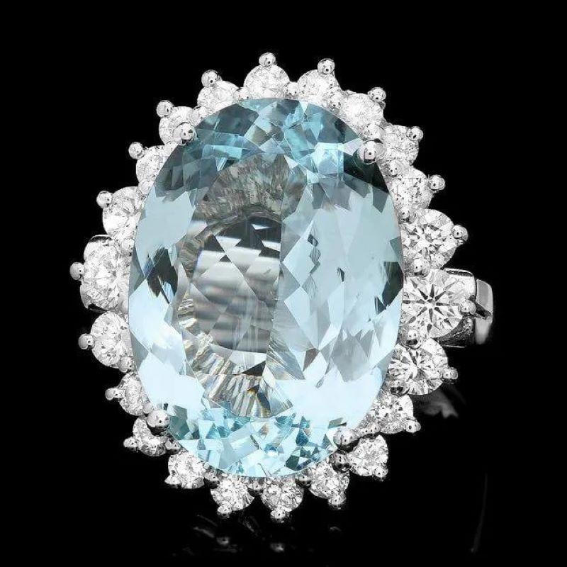 Mixed Cut 10.10 Carats Natural Aquamarine and Diamond 14K Solid White Gold Ring For Sale