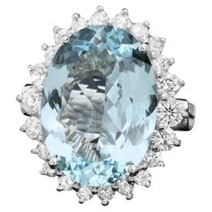 Anillo de oro blanco macizo de 14 quilates con aguamarina natural y diamantes de 10,10 quilates