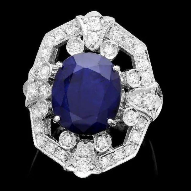 Taille mixte Bague en or blanc massif 14 carats avec saphir bleu naturel de 10,10 carats et diamants en vente