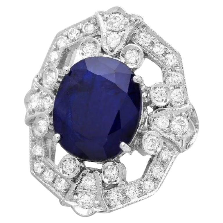 Bague en or blanc massif 14 carats avec saphir bleu naturel de 10,10 carats et diamants en vente