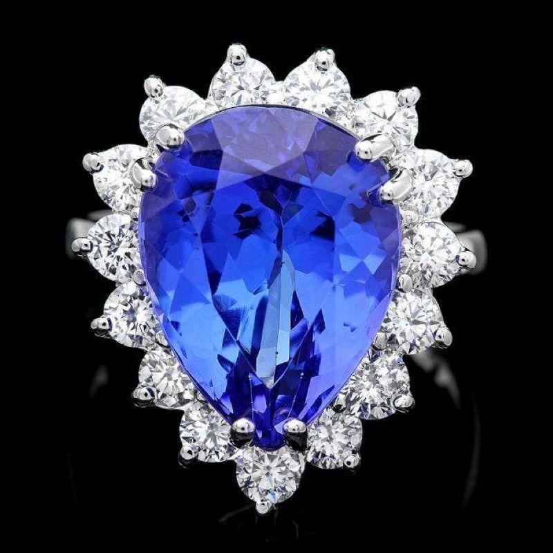Mixed Cut 10.10 Carats Natural Tanzanite and Diamond 18K Solid White Gold Ring For Sale