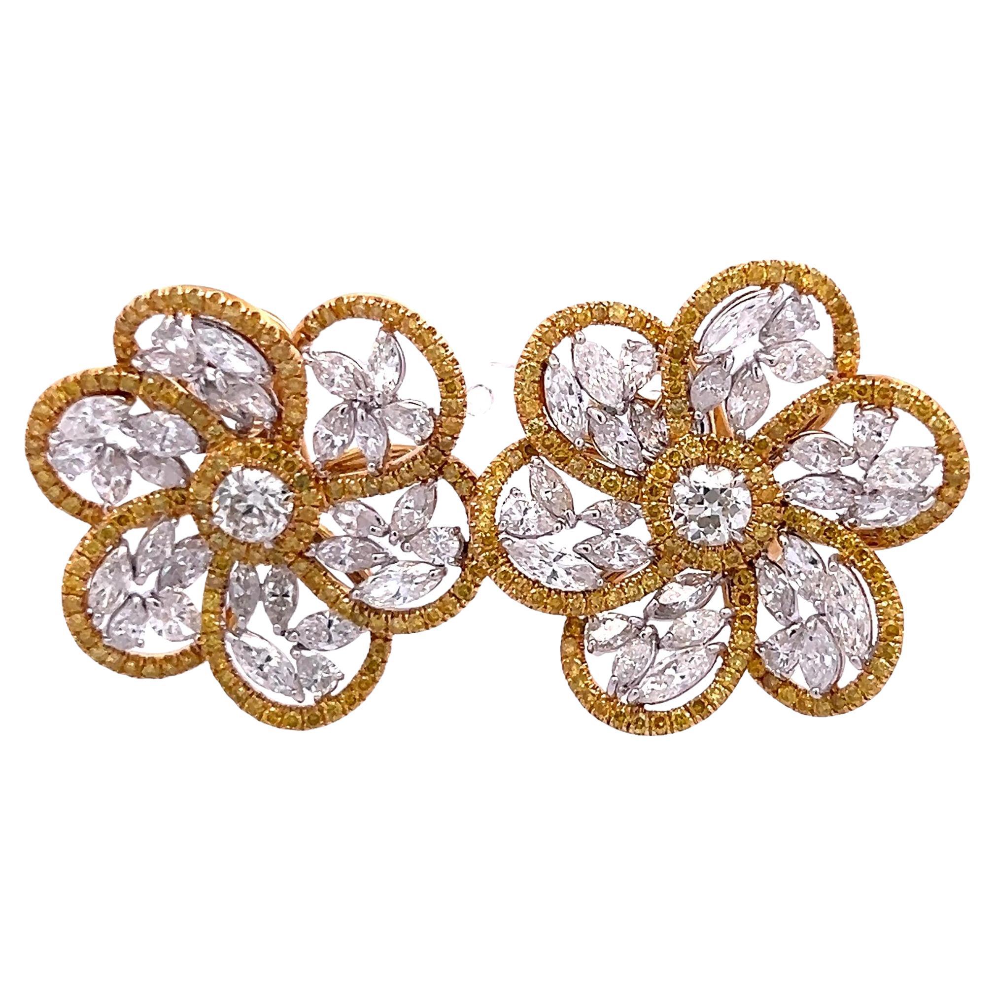 10.10ct Diamond 
Fancy Yellow Two-Tone Gold Floral Clip-On Earrings Vintage