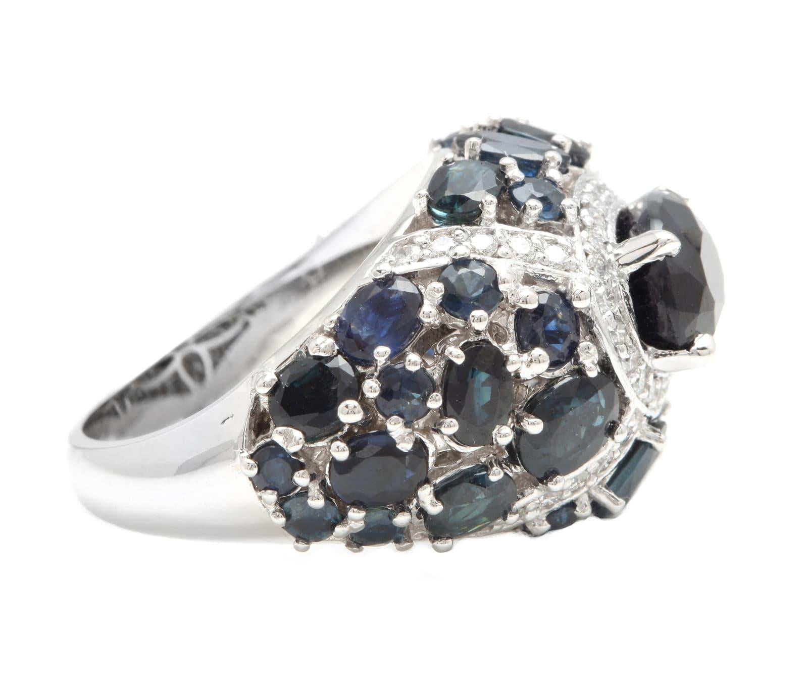 Mixed Cut 10.10Ct Natural Blue Sapphire and Natural Diamond 14K Solid White Gold Ring For Sale