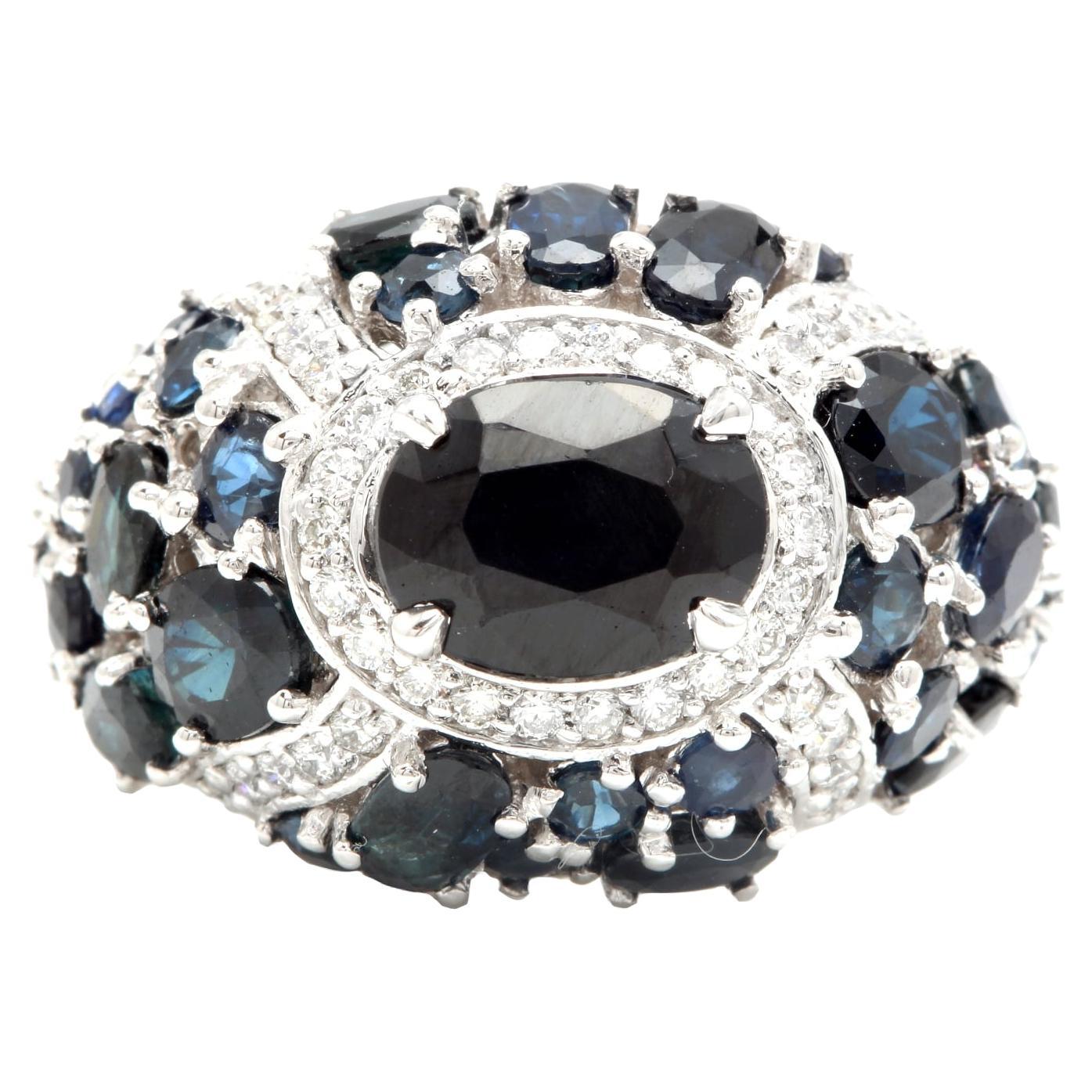 10.10Ct Natural Blue Sapphire and Natural Diamond 14K Solid White Gold Ring For Sale