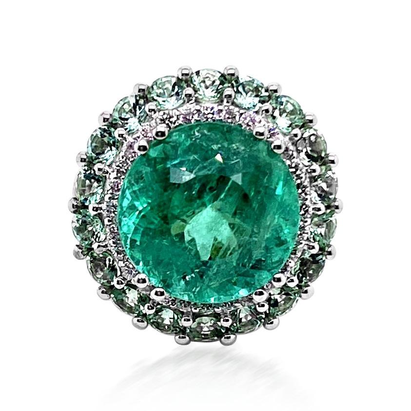 18K WHITE GOLD RING 13.26gm / 10.10CT PARIBA TOURMALINE / 2.21ct PARAIBA TOURMALINE / 0.40ct ROUND CUT DIAMOND / #GVR1298
Pariba Tourmaline is Ideal for grounding you and aiding in bringing each chakra into balance. This 10.10ct Pariba has a
