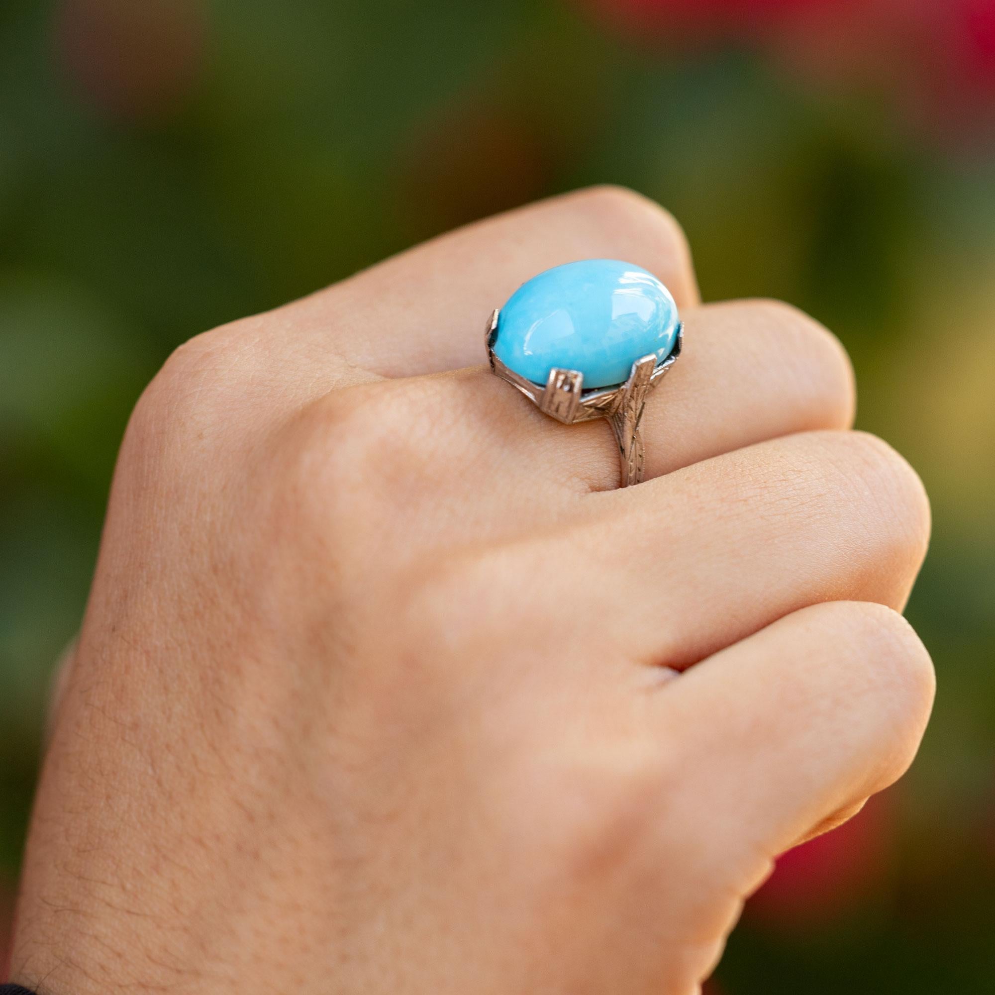 10.10ct Sleeping Beauty Turquoise Art Deco Estate Ring In Good Condition For Sale In Santa Barbara, CA