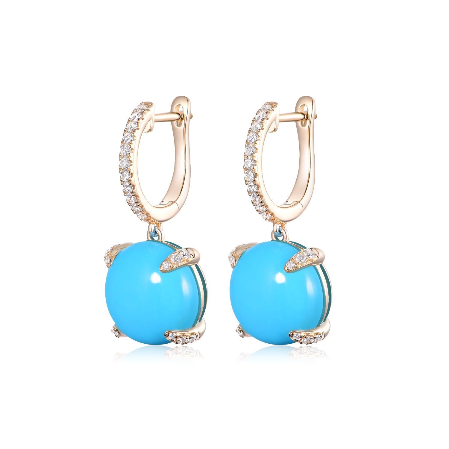 Showcased in this image is a pair of Turquoise and Diamond Drop Earrings in 18K Yellow Gold. Each earring features a substantial 10.10 carat turquoise, presenting a vivid blue hue reminiscent of tropical seas. The turquoise is fashioned into a