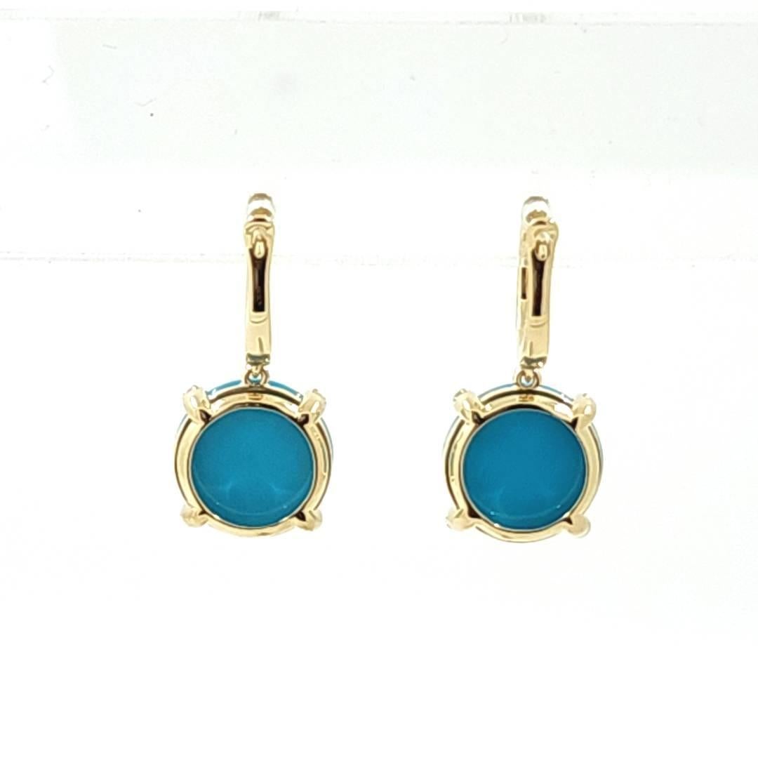 Cabochon 10.10Ct Turquoise and Diamond Drop Earring in 18K Yellow Gold For Sale