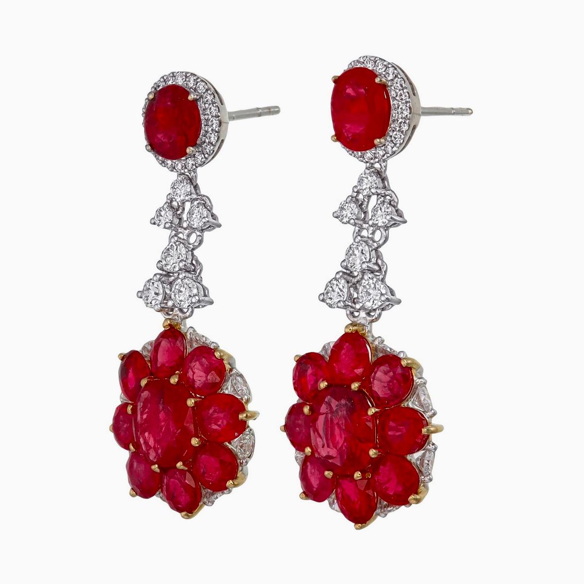 Round Cut 10.11 Carat Burma No Heat Ruby and Diamond Earrings in 18 Karat White Gold For Sale