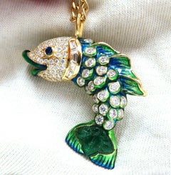 10.12 Carat Natural Sapphire Emerald and Diamonds Enamel Fish Pendant 18 Karat*