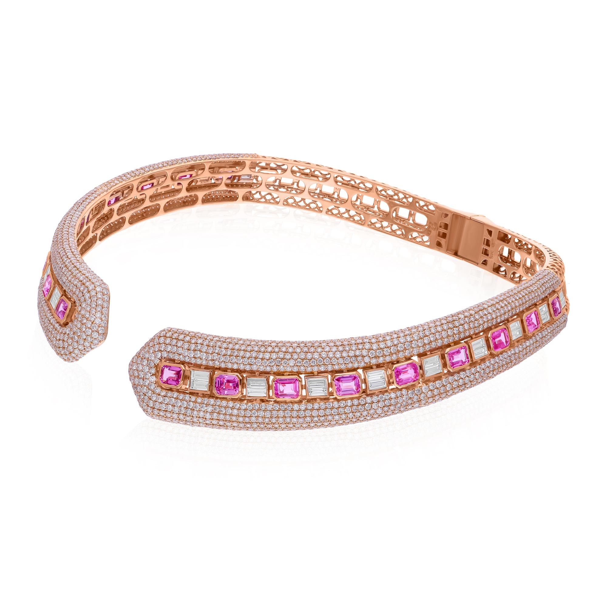 Modern 10.12 Carat Pink Sapphire Choker Necklace 18.55 Ct. Diamond 14 Karat Rose Gold For Sale