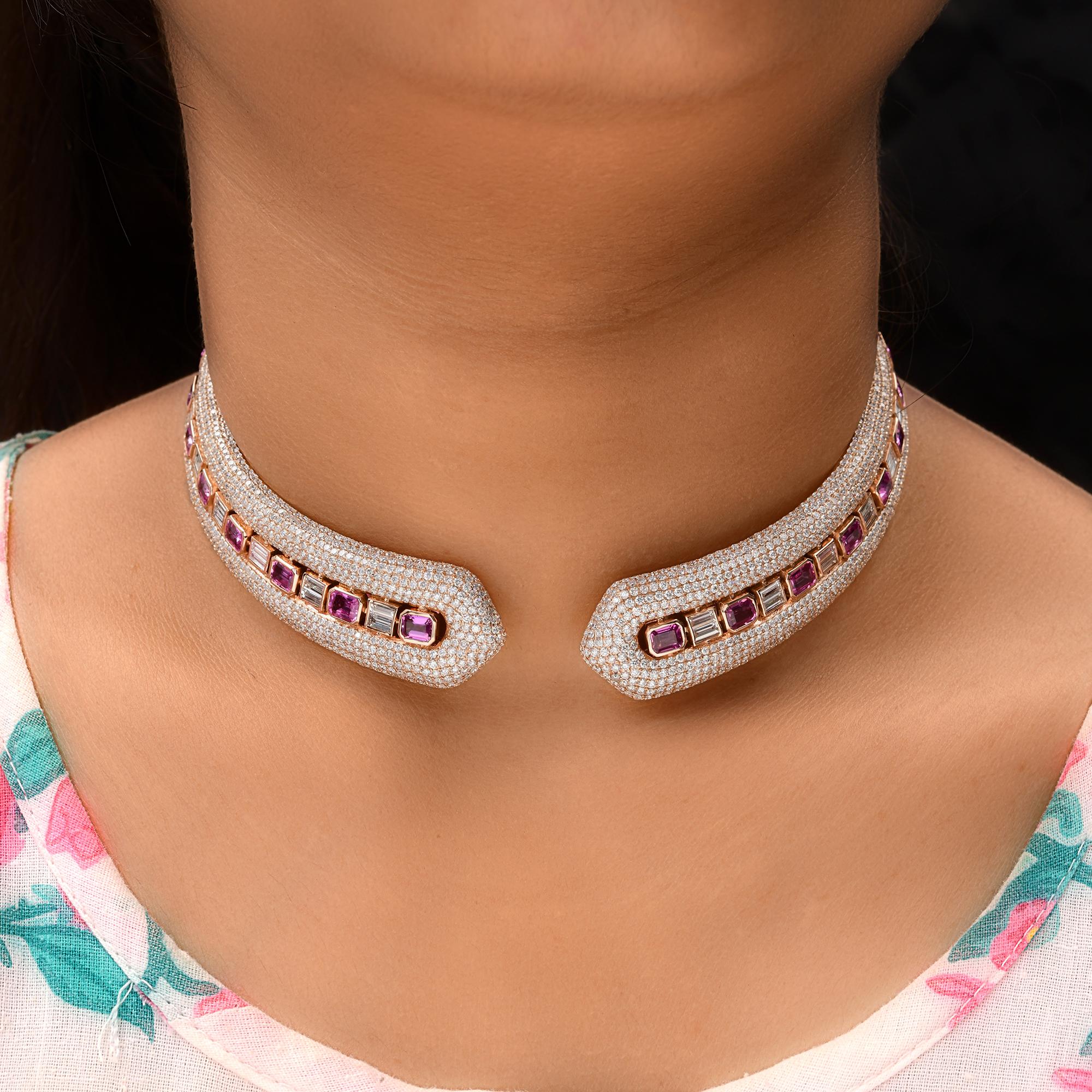 Baguette Cut 10.12 Carat Pink Sapphire Choker Necklace 18.55 Ct. Diamond 18 Karat Rose Gold For Sale