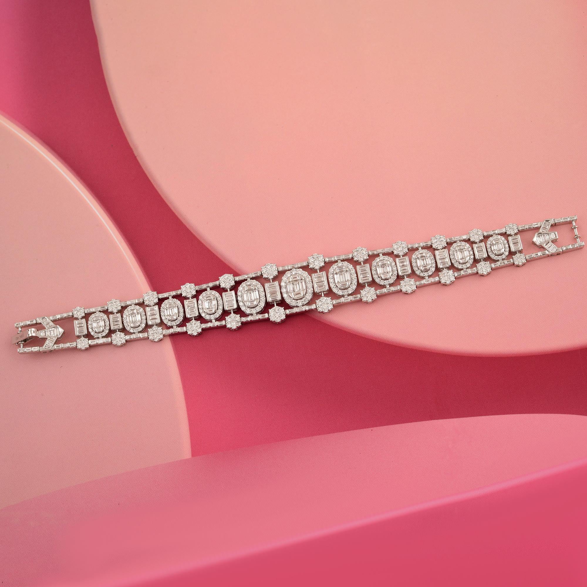Baguette Cut 10.12 Carat SI Clarity HI Color Baguette Round Diamond 18k White Gold Bracelet For Sale