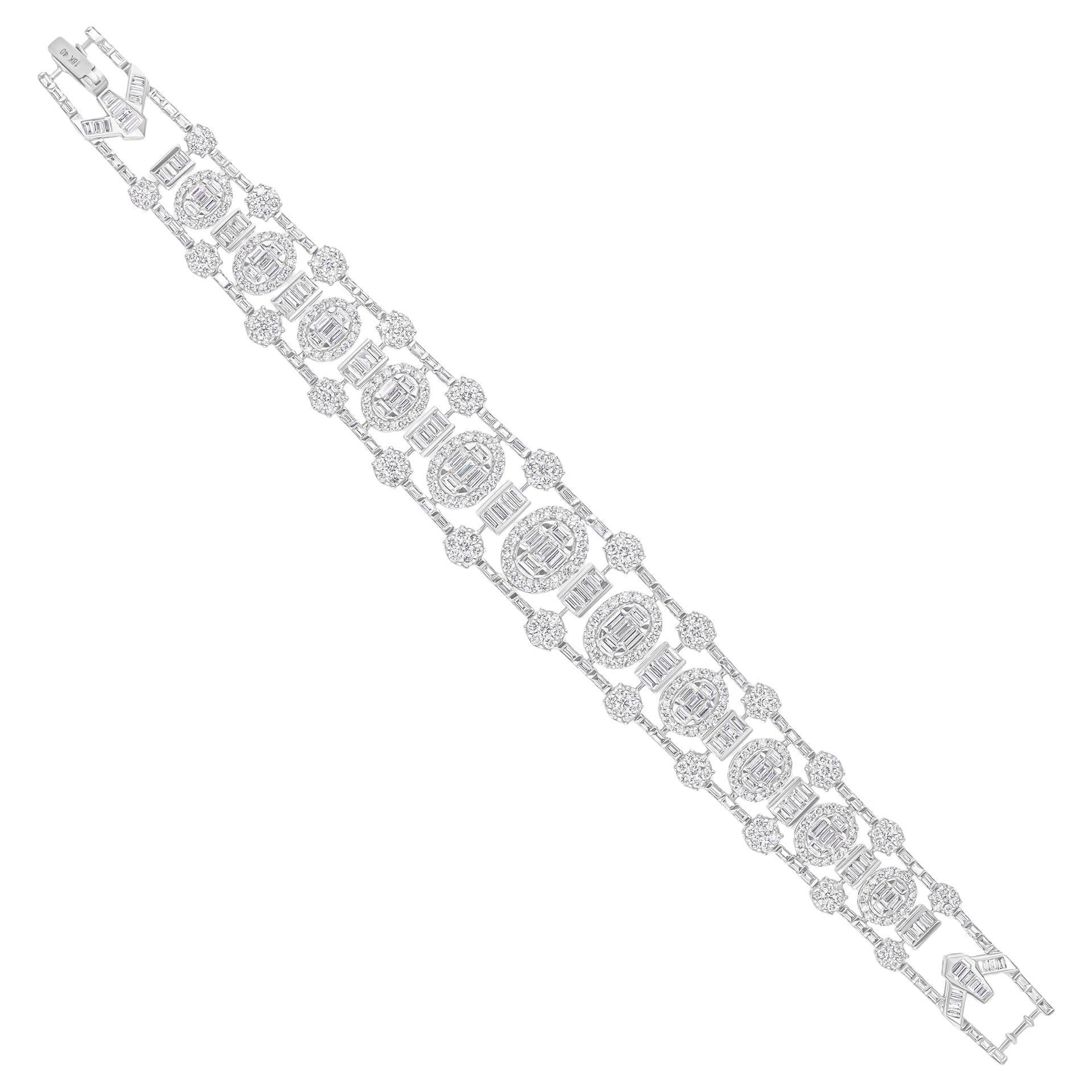 Bracelet en or blanc 18 carats avec diamants ronds baguettes de 10,12 carats de pureté SI et de couleur hi-colore