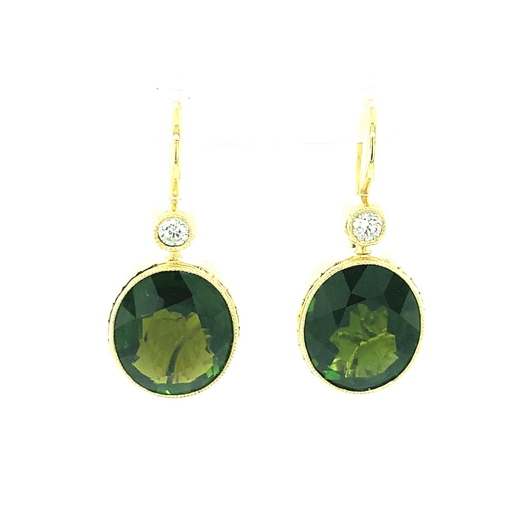 Green Tourmaline and Diamond French Wire Drop Earrings, 10 Carats Total   For Sale 1