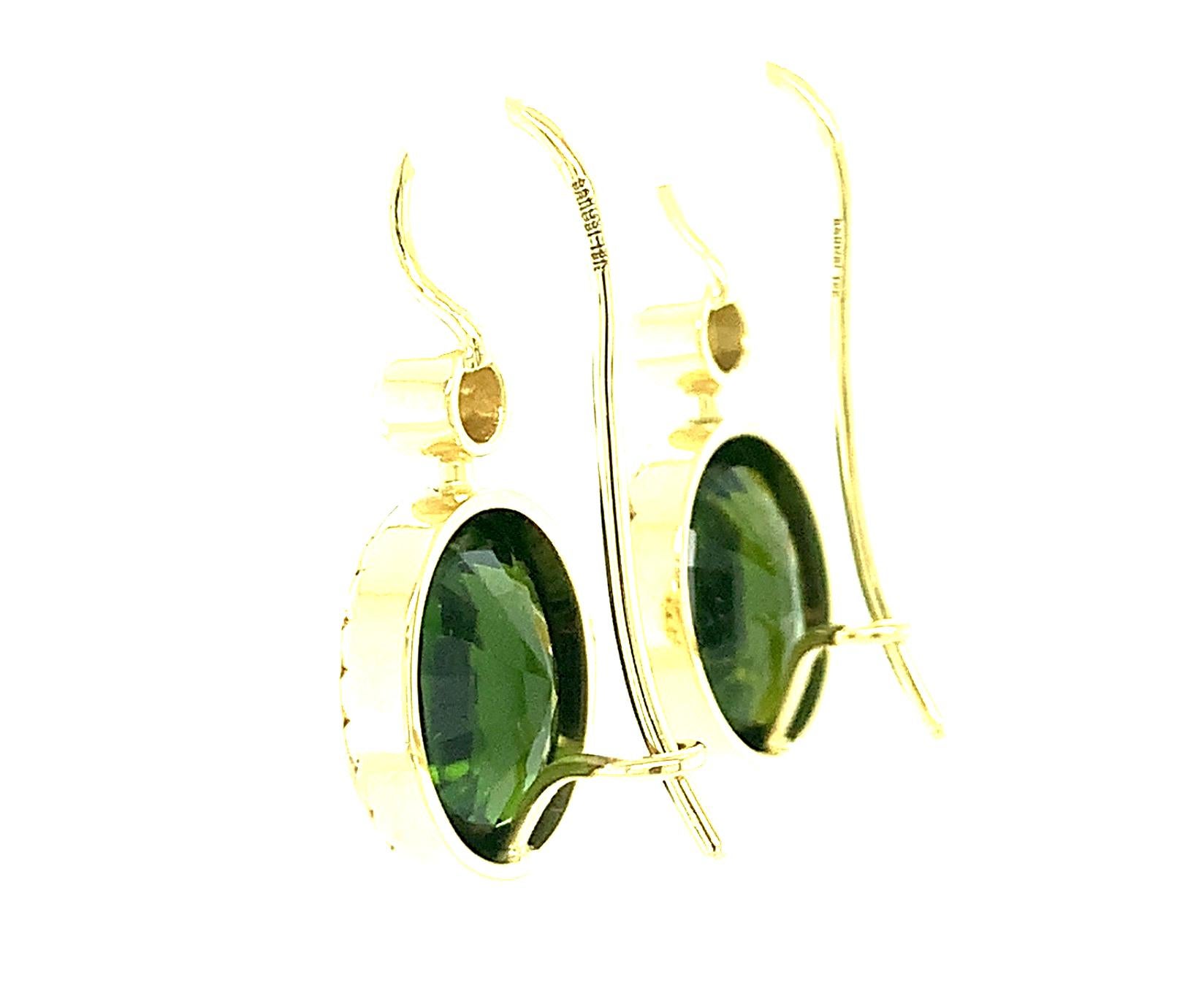 Artisan 10.12 Carat Total Green Tourmaline and Diamond Dangle Earrings in 18k Gold For Sale