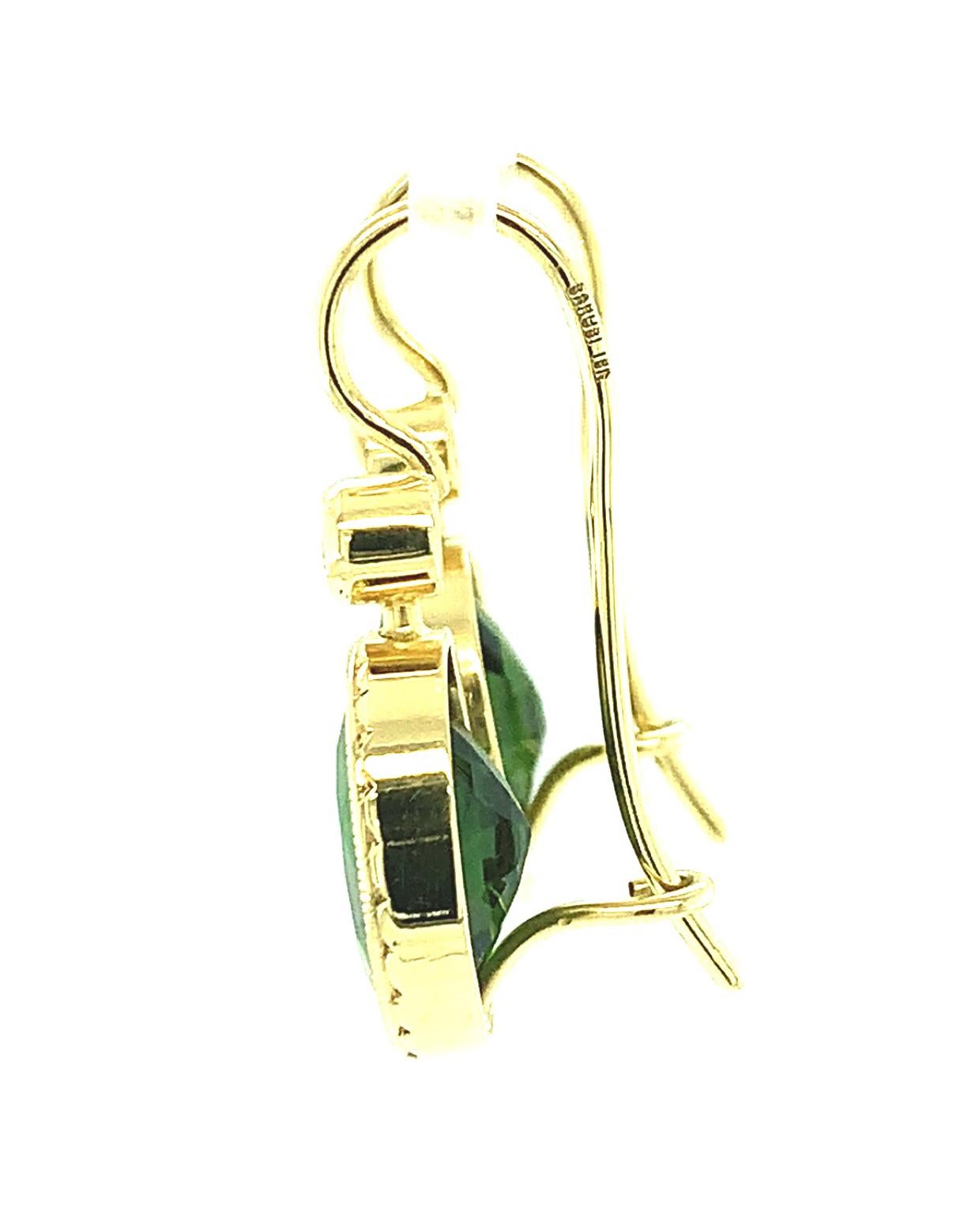Oval Cut 10.12 Carat Total Green Tourmaline and Diamond Dangle Earrings in 18k Gold For Sale