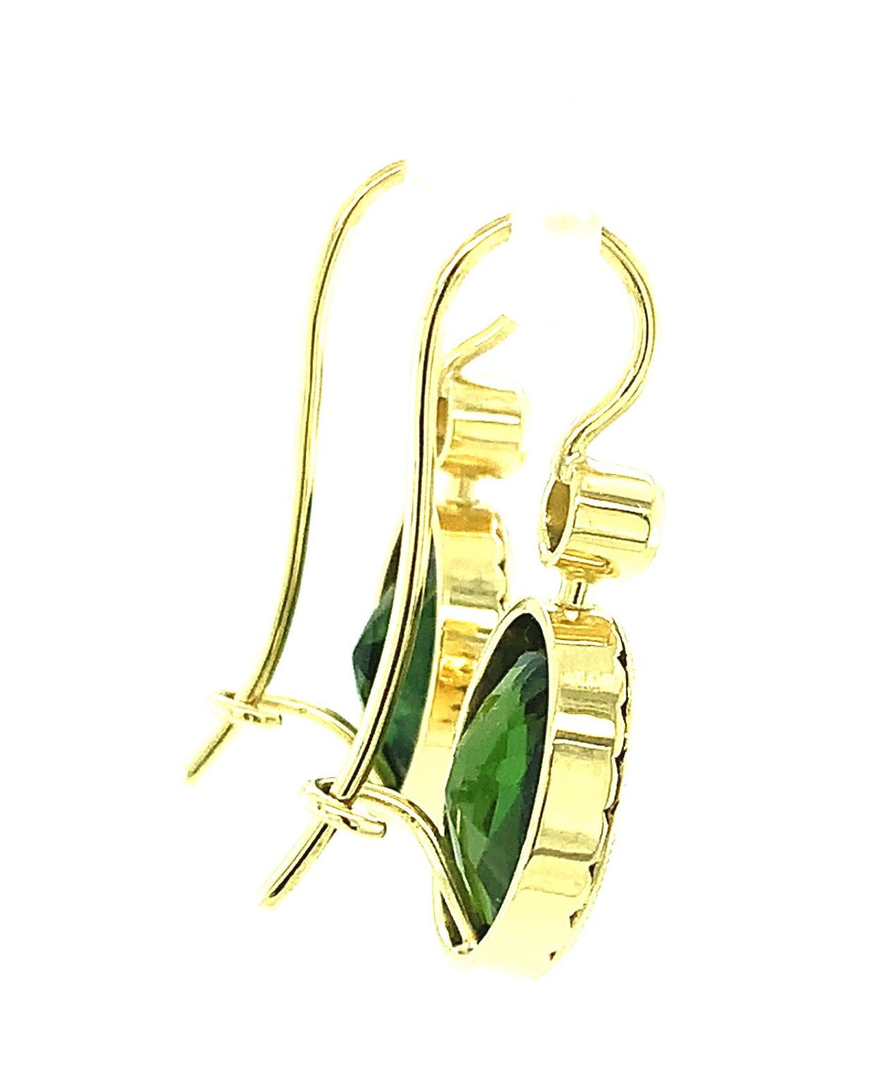Women's Green Tourmaline and Diamond French Wire Drop Earrings, 10 Carats Total   For Sale