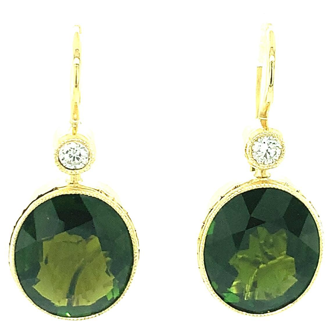 10.12 Carat Total Green Tourmaline and Diamond Dangle Earrings in 18k Gold For Sale