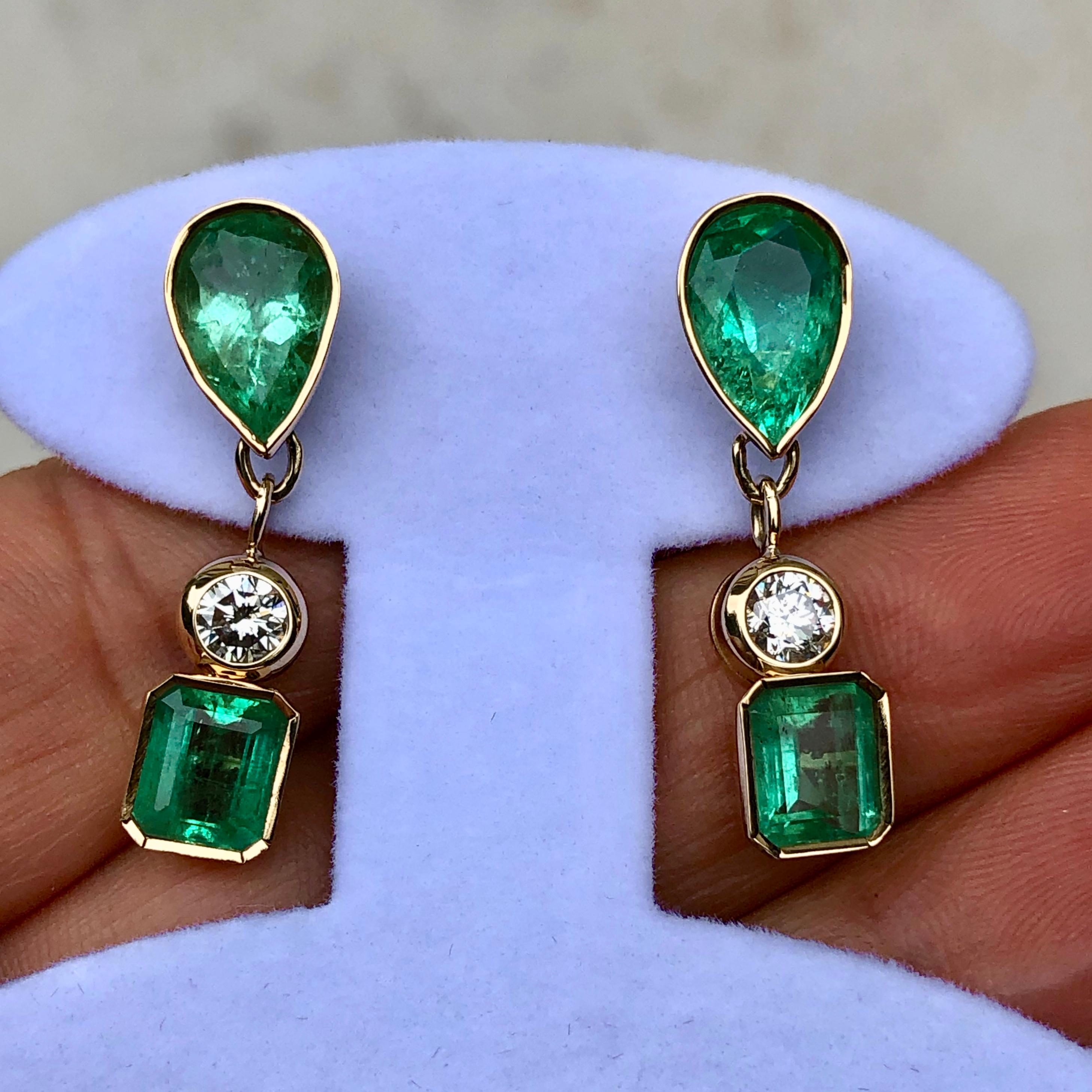 Pear Cut 10.12 Carat Natural Colombian Emerald and Diamond Drop Earrings 18 Karat