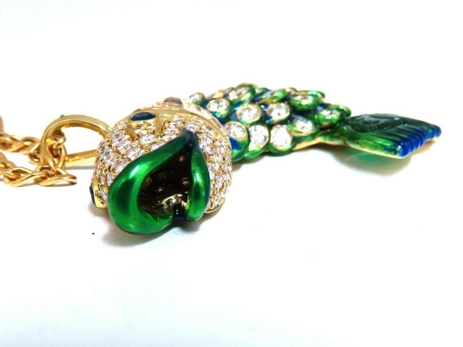 10.12 Carat Natural Sapphire Emerald and Diamonds Enamel Fish Pendant 18 Karat In New Condition For Sale In New York, NY